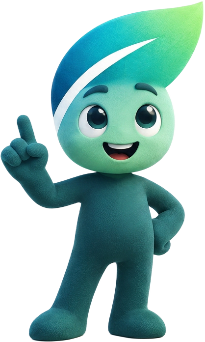Benny, de mascotte van Energie Select, wijst omhoog naar het formulier